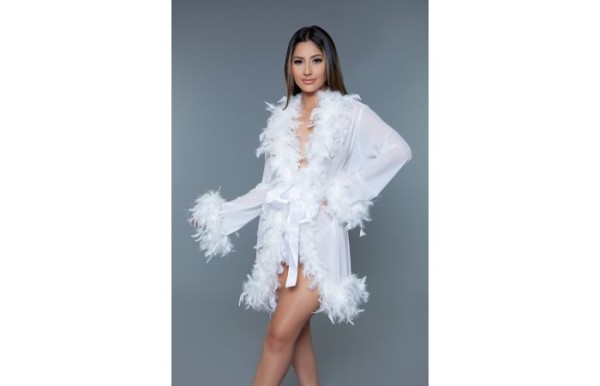 transparent morning gown with feather boa trim