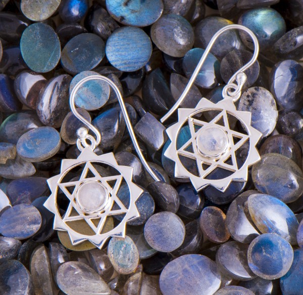 Hexagram Earrings with Rainbow Moonstone