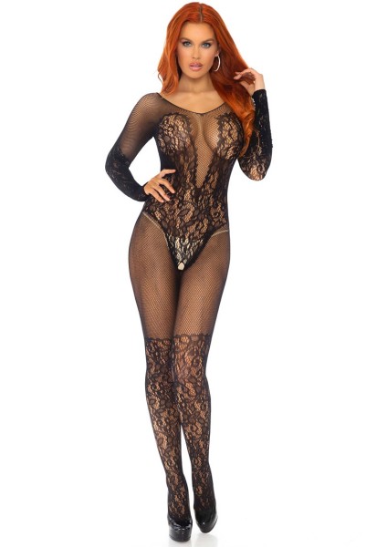 Langarm-Bodystocking mit eingarbeiteter Spitze