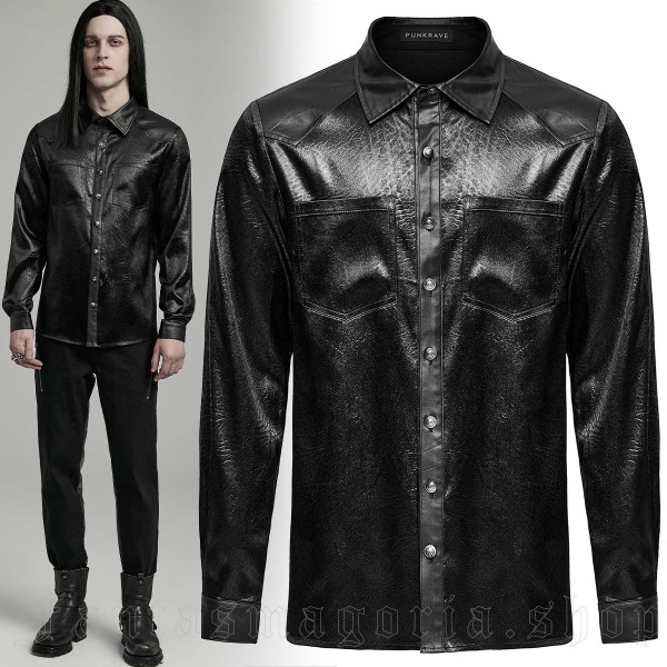 Men's shirt made of black synthetic leather with long sleeves