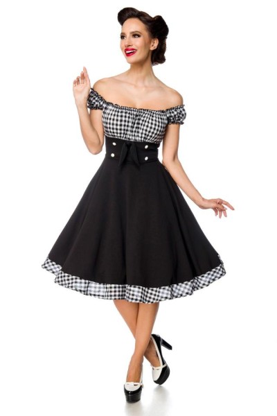 Schulterfreies Swing-Kleid schwarz/kariert 