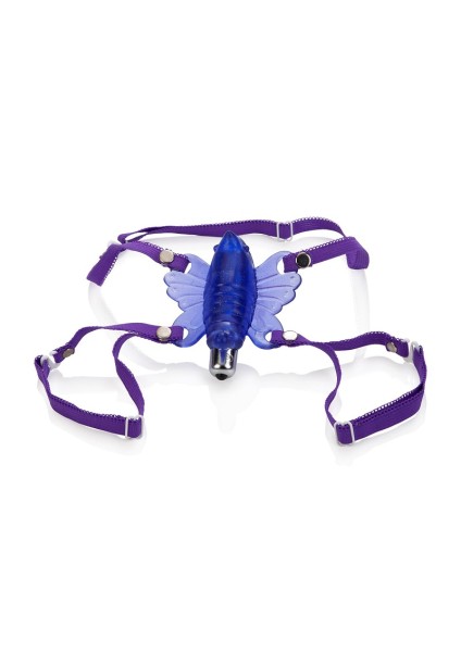 Purple butterfly-shaped strap-on massager