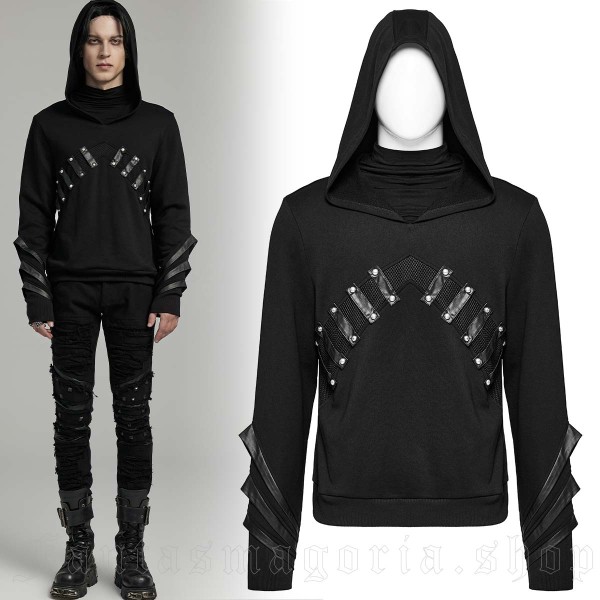 Black hoodie with faux leather and mesh details