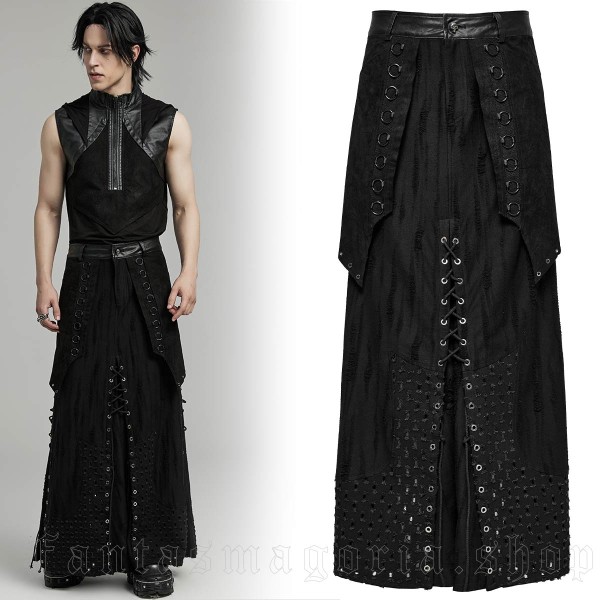 Long distressed skirt with O-ring, eyelets, and lacing